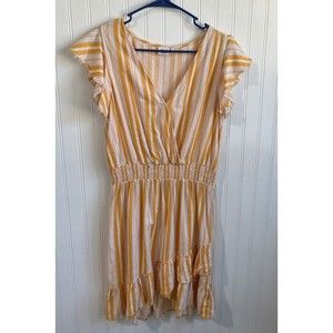 True Craft Womens Large Orange Striped Dress Ruffle Raw Hem V-Neck Short Sleeves